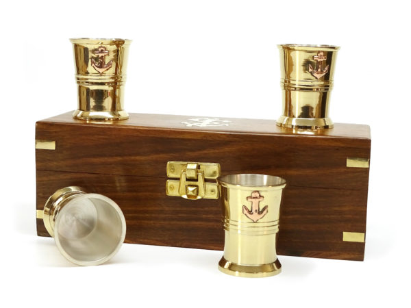 Messing Rumbecher 4er Set in der Teak Holz Box – Bild 5