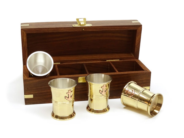 Messing Rumbecher 4er Set in der Teak Holz Box – Bild 4