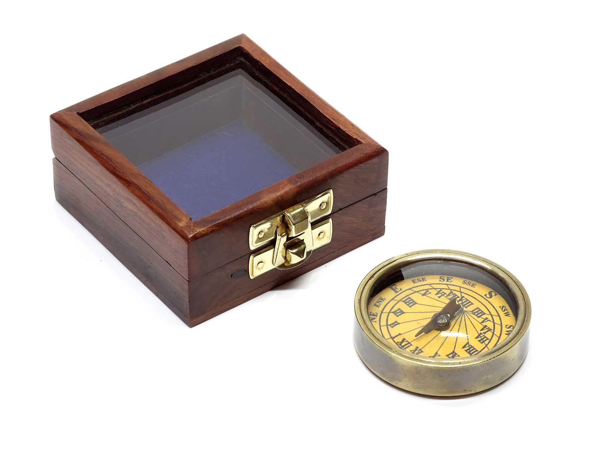 Sonnenuhr Kompass antik Ø:5,5cm mit Holzbox & Glasdeckel ca 8,5 x 8,5 x 3,5 cm 